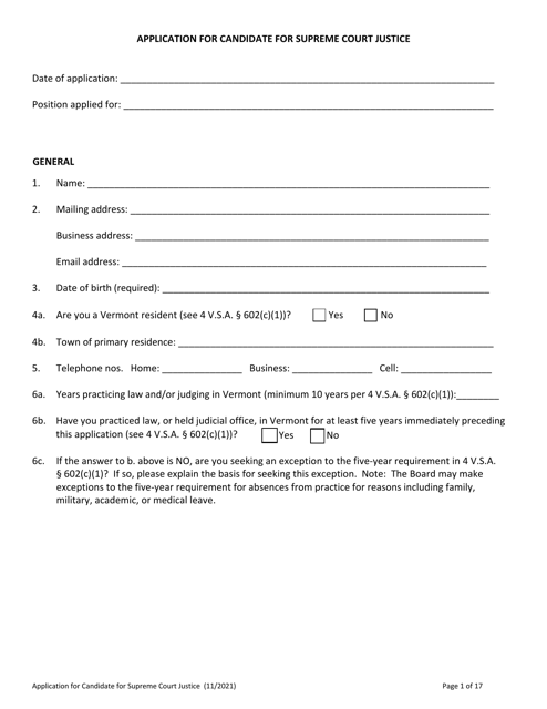 Application for Candidate for Supreme Court Justice - Vermont Download Pdf