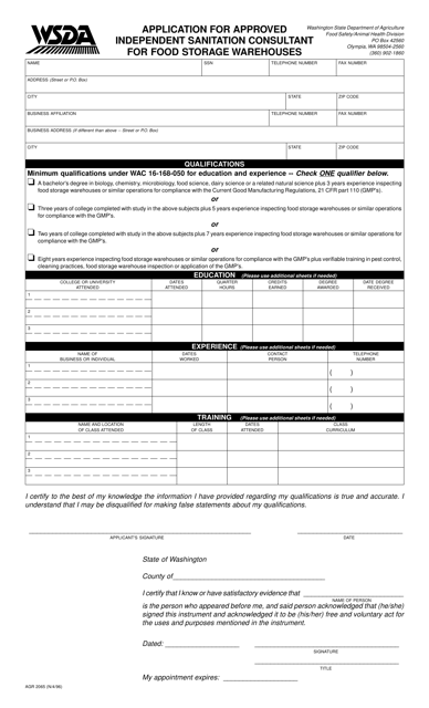 Form AGR2065 Application for Approved Independent Sanitation Consultant for Food Storage Warehouses - Washington