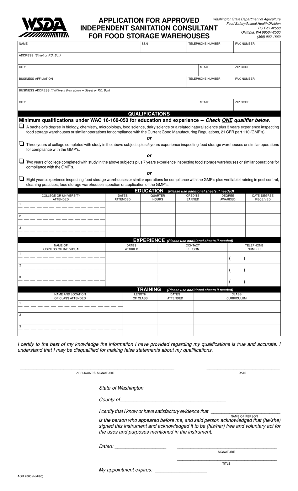 Form AGR2065 Application for Approved Independent Sanitation Consultant for Food Storage Warehouses - Washington, Page 1