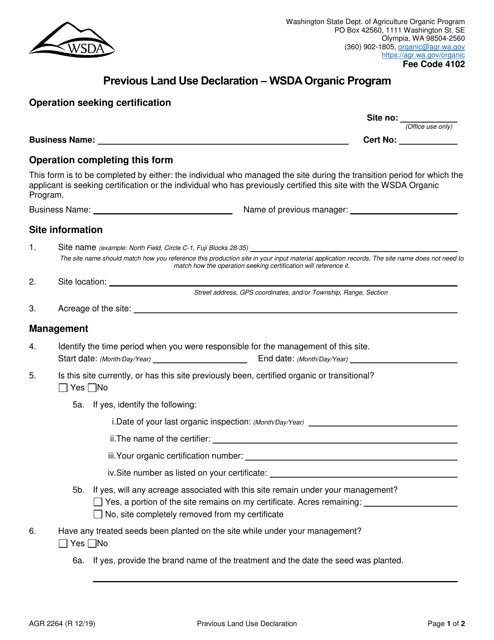 Form AGR2262 Previous Land Use Declaration - Wsda Organic Program - Washington