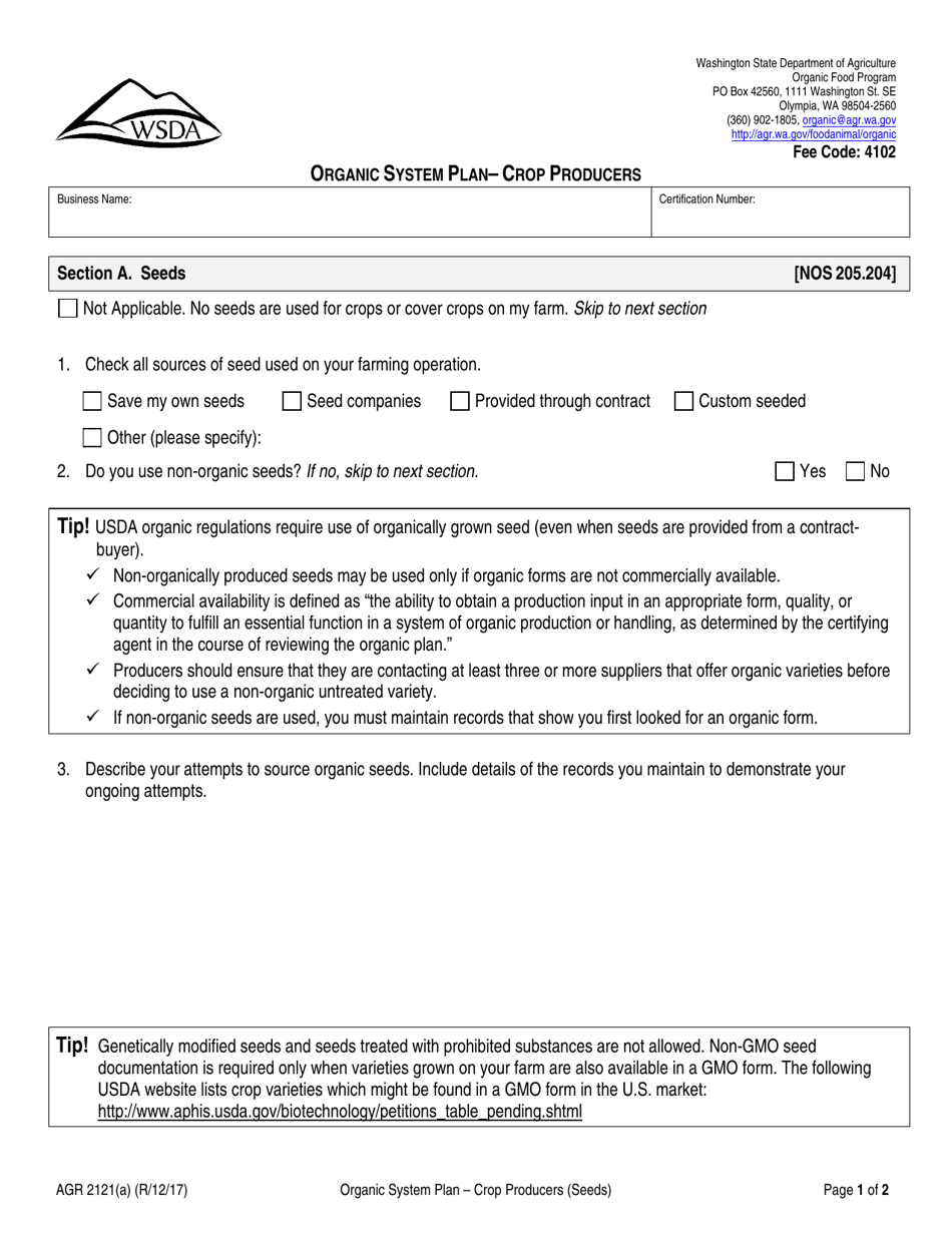 Form AGR2121 Section A Organic System Plan - Crop Producers (Seeds) - Washington, Page 1
