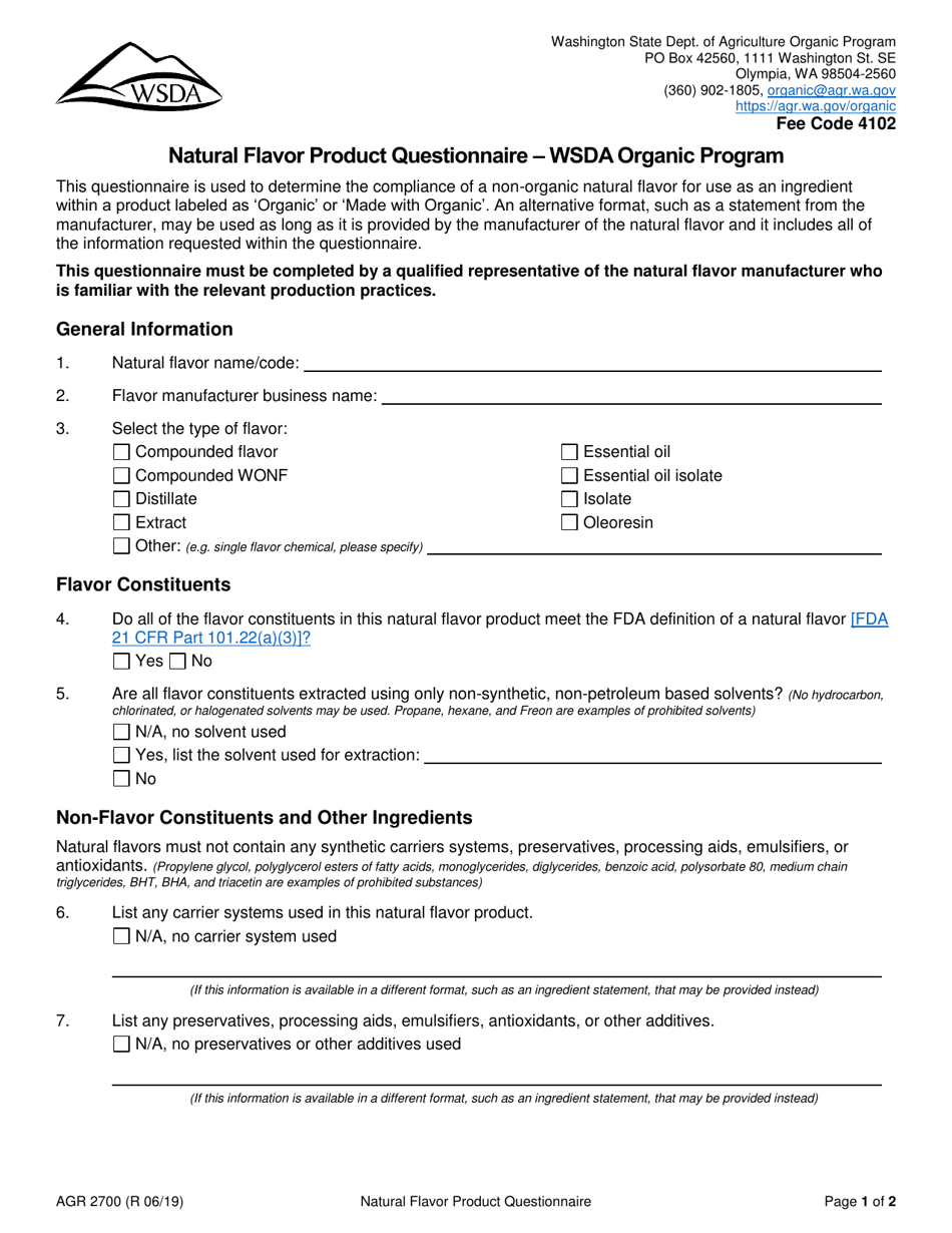 Form AGR2700 Natural Flavor Product Questionnaire - Wsda Organic Program - Washington, Page 1