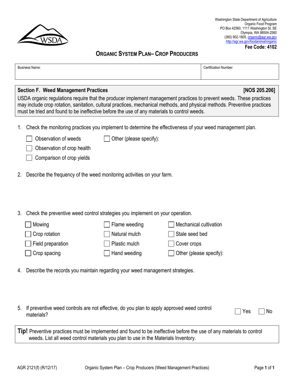 Form AGR2121 Section F Organic System Plan - Crop Producers (Weed Management Practices) - Washington, Page 1
