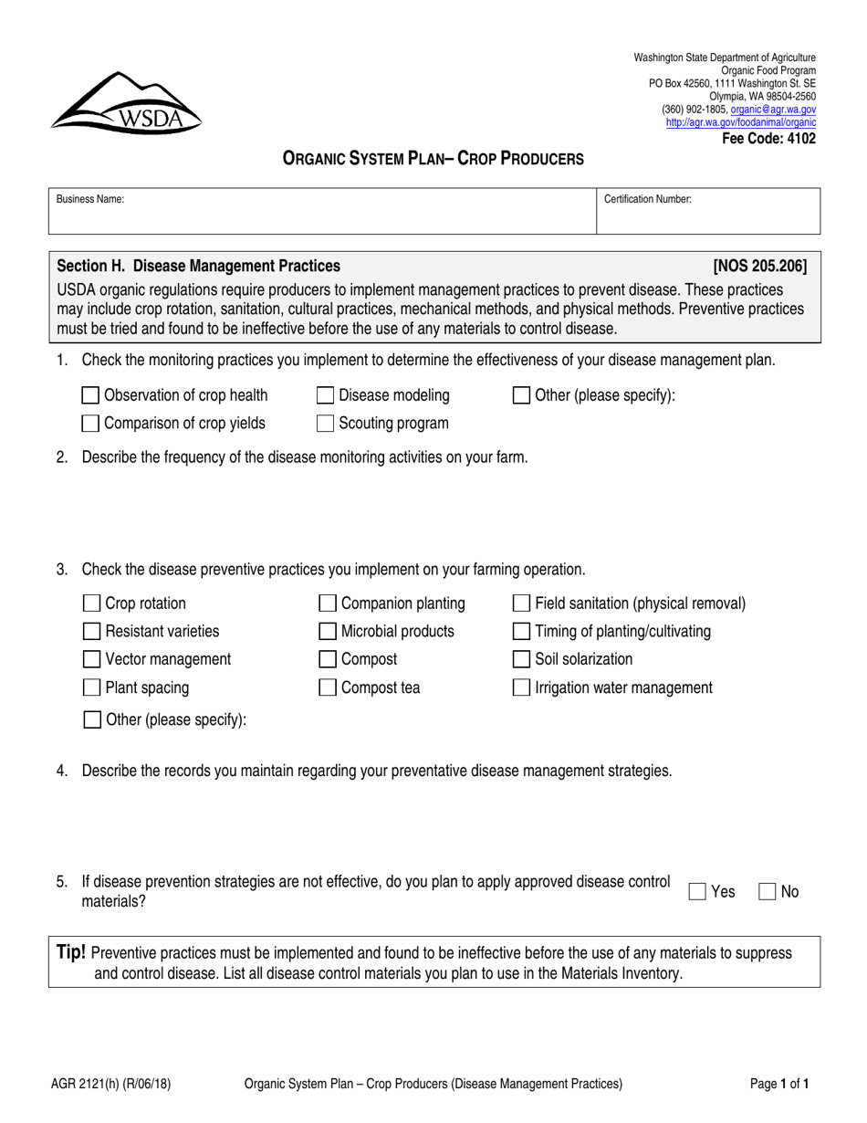 Form AGR2121 Section H Organic System Plan - Crop Producers (Disease Management Practices) - Washington, Page 1