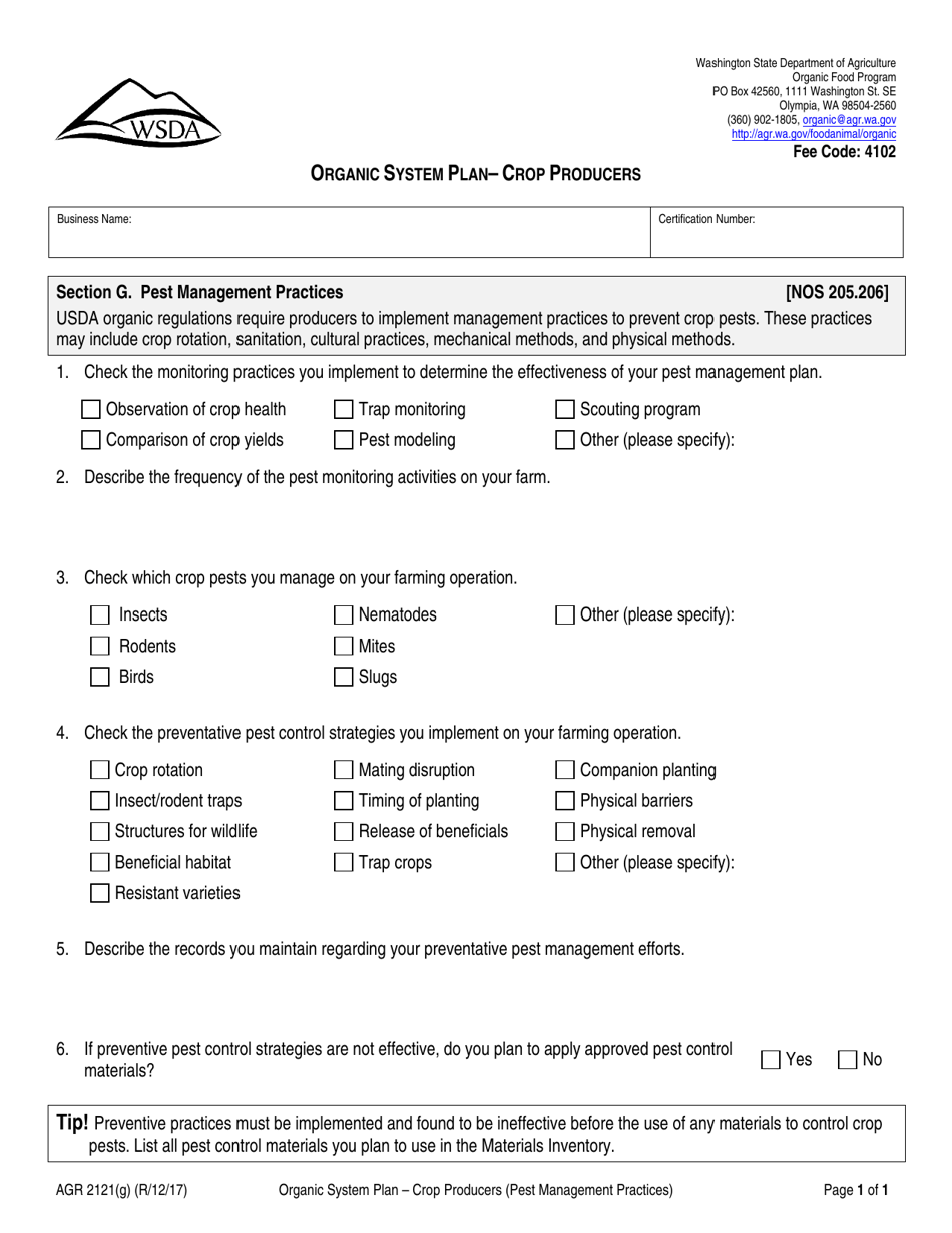 Form AGR2121 Section G Organic System Plan - Crop Producers (Pest Management Practices) - Washington, Page 1