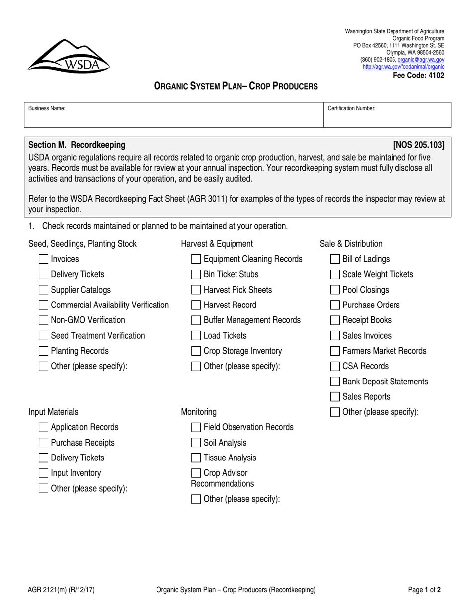 Form AGR2121 Section M Organic System Plan - Crop Producers (Recordkeeping) - Washington, Page 1