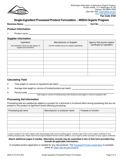 Form AGR2179 Single-Ingredient Processed Product Formulation - Wsda Organic Program - Washington
