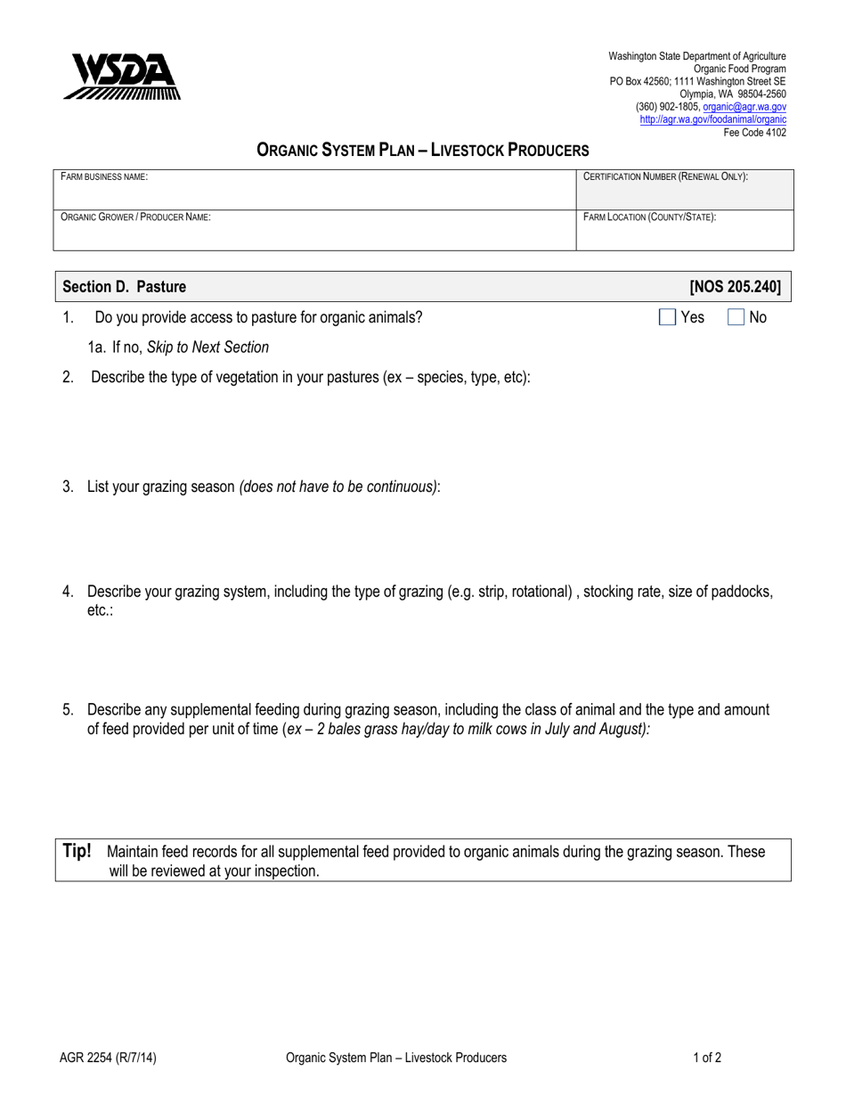 Form AGR2254 Section D Organic System Plan - Livestock Producers (Pasture) - Washington, Page 1