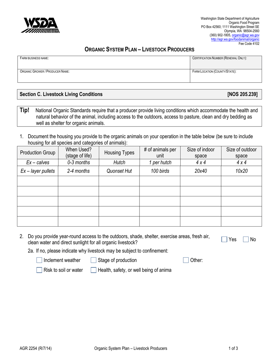 Form AGR2254 Section C Organic System Plan - Livestock Producers (Livestock Living Conditions) - Washington, Page 1