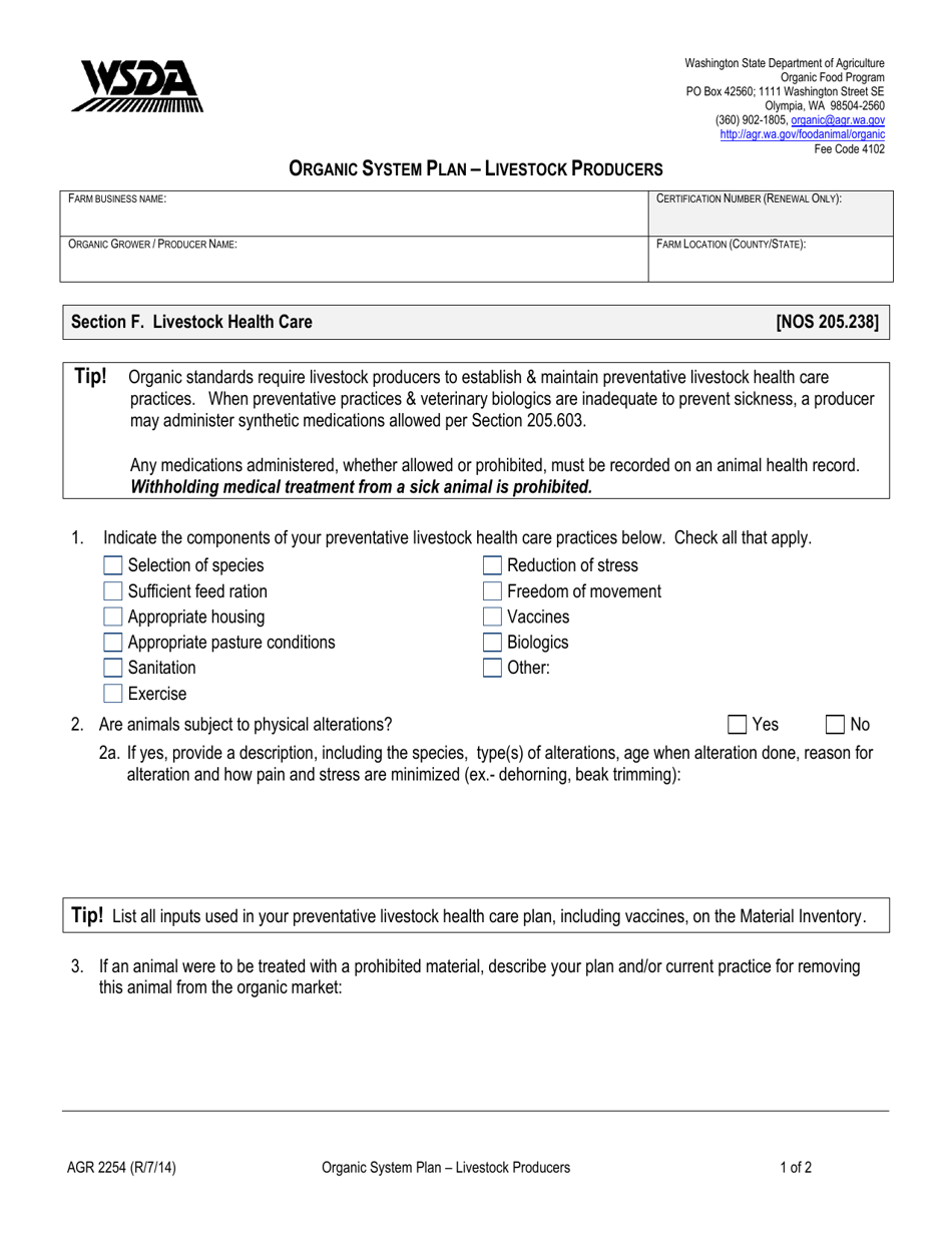 Form AGR2254 Section F Organic System Plan - Livestock Producers (Livestock Health Care) - Washington, Page 1