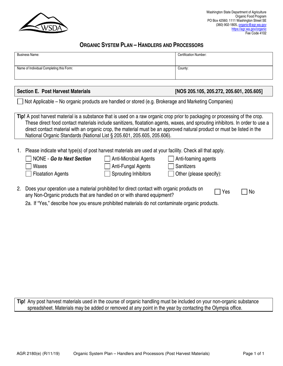 Form AGR2180 Section E Organic System Plan - Handlers and Processors (Post Harvest Materials) - Washington, Page 1