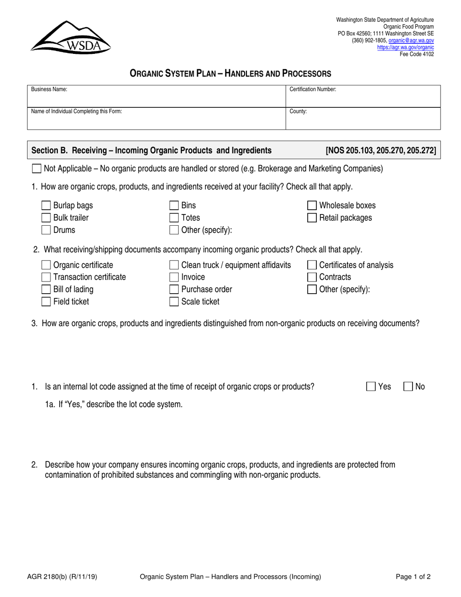 Form AGR2180 Section B Organic System Plan - Handlers and Processors (Receiving - Incoming Organic Products and Ingredients) - Washington, Page 1