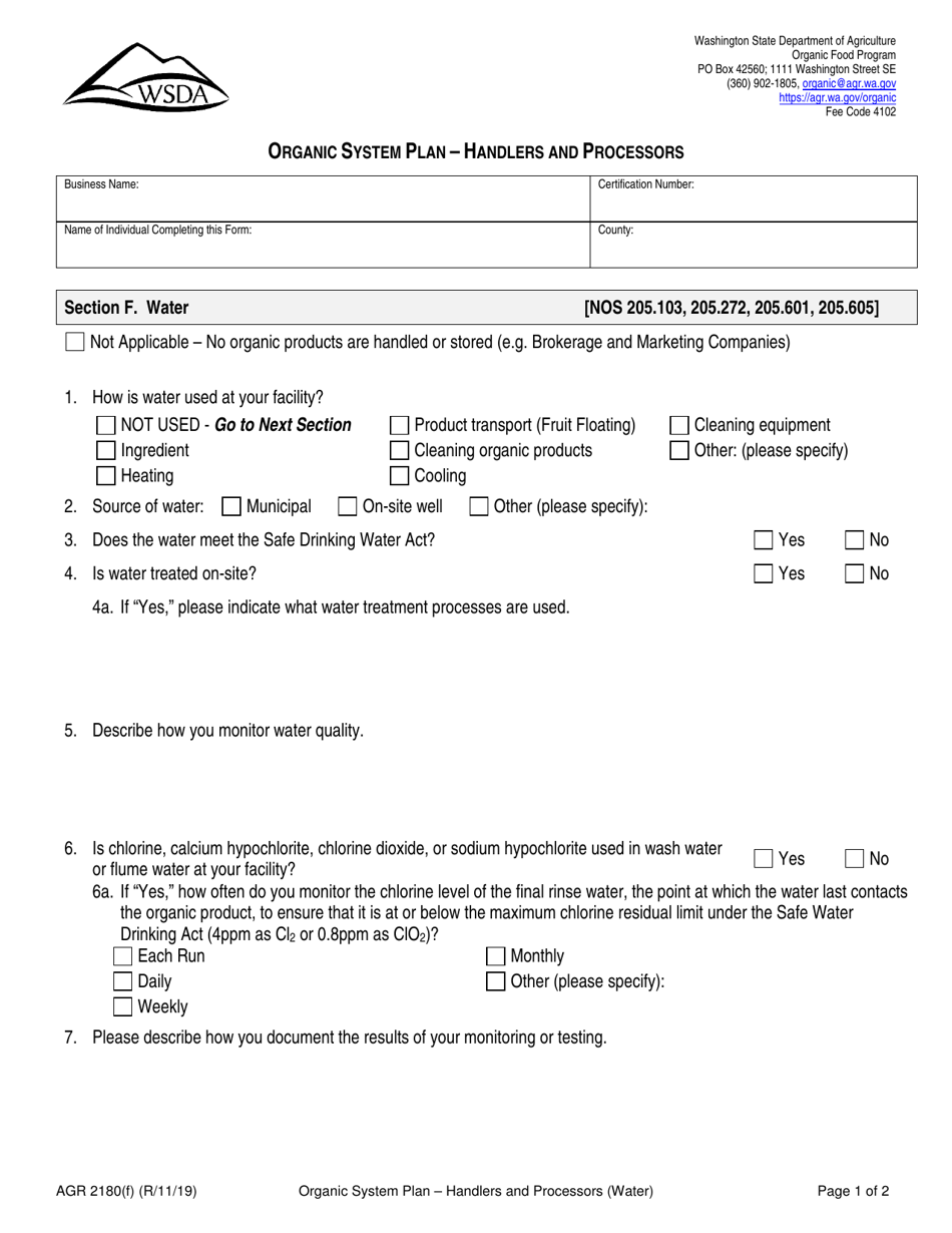 Form AGR2180 Section F Organic System Plan - Handlers and Processors (Water) - Washington, Page 1