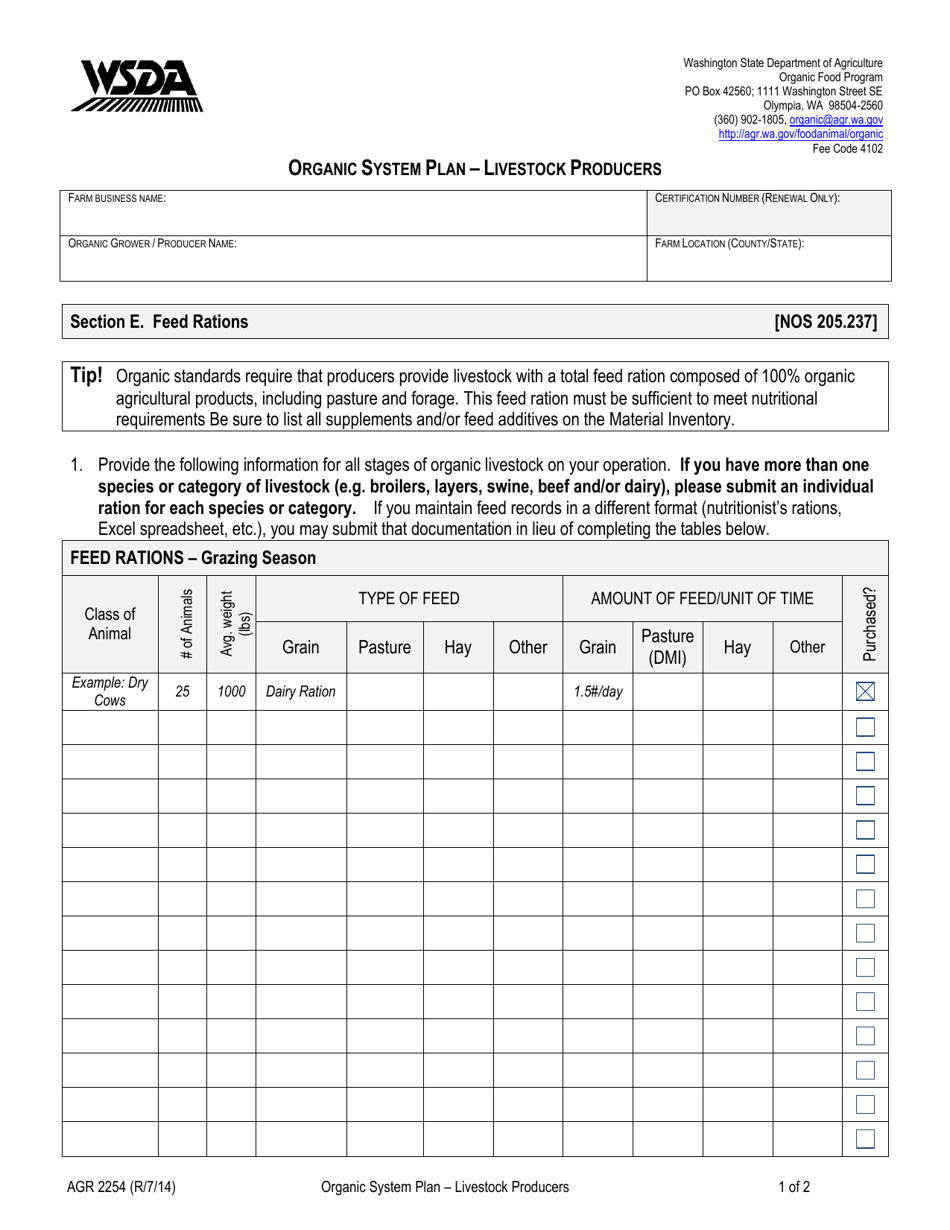 Form AGR2254 Section E Organic System Plan - Livestock Producers (Feed Rations) - Washington, Page 1