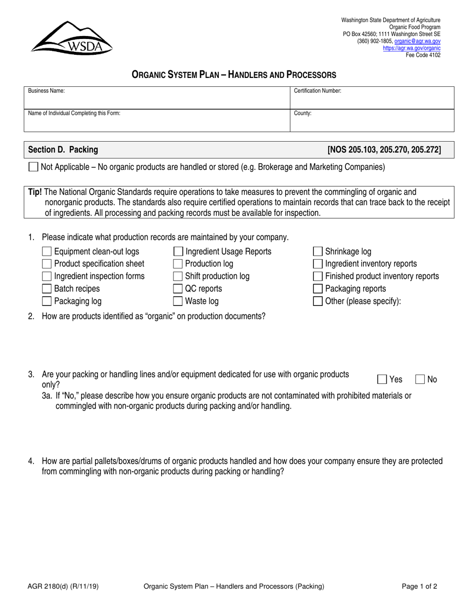 Form AGR2180 Section D Organic System Plan - Handlers and Processors (Packing) - Washington, Page 1