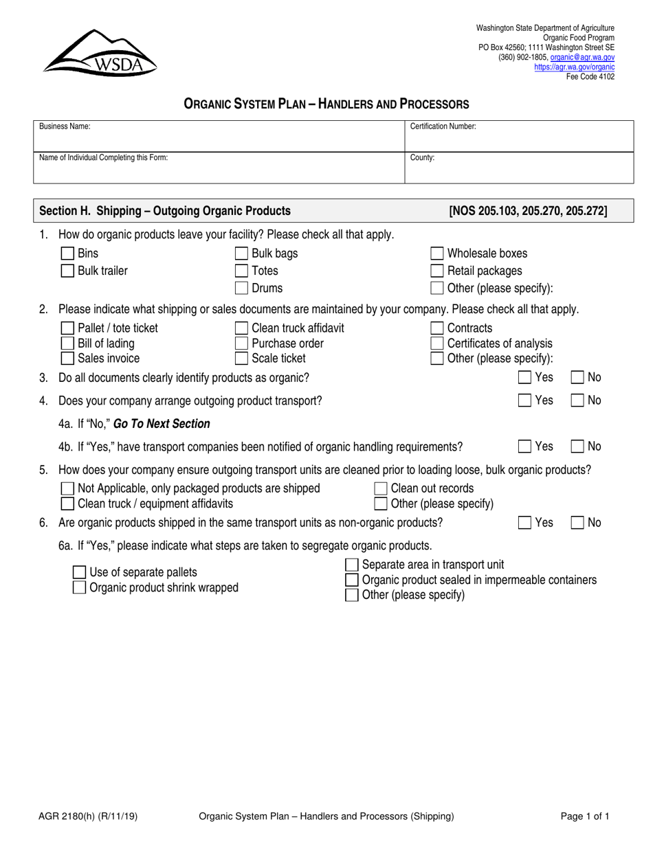 Form AGR2180 Section H Organic System Plan - Handlers and Processors (Shipping - Outgoing Organic Products) - Washington, Page 1