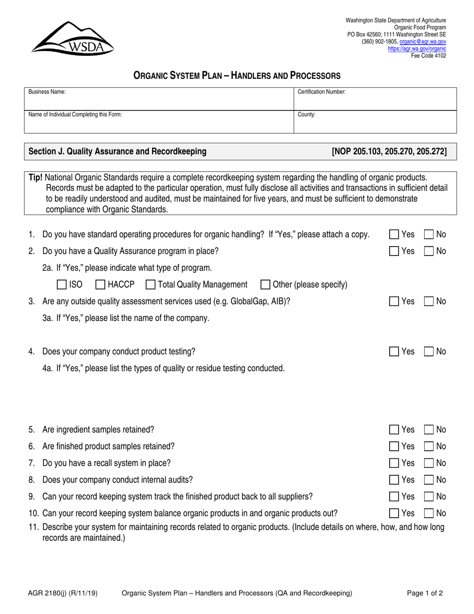Form AGR2180 Section J Organic System Plan - Handlers and Processors (Quality Assurance and Recordkeeping) - Washington, Page 1
