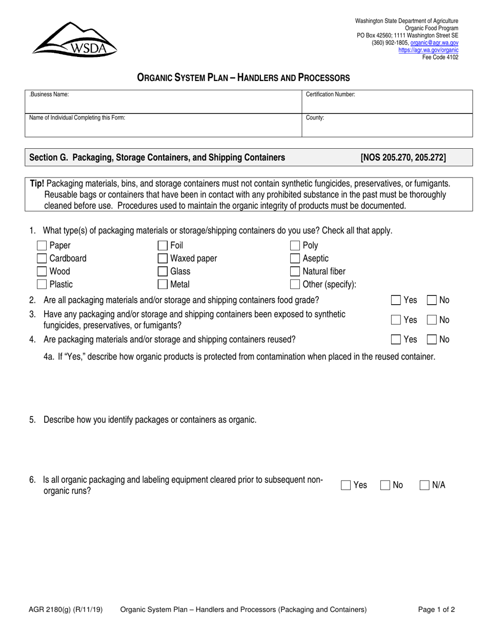 Form AGR2180 Section G Organic System Plan - Handlers and Processors (Packaging, Storage Containers, and Shipping Containers) - Washington, Page 1