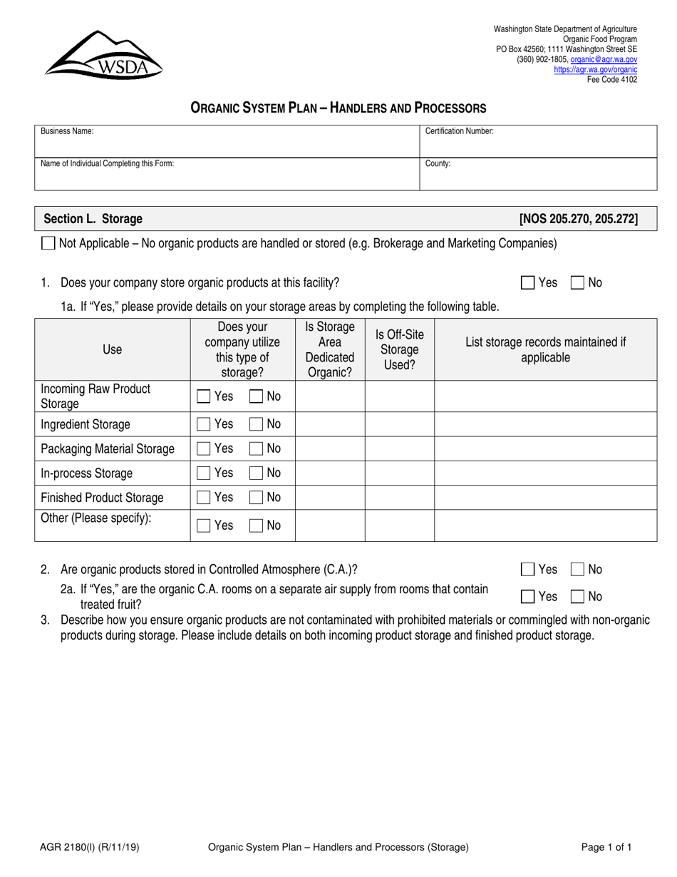 Form AGR2180 Section L Organic System Plan - Handlers and Processors (Storage) - Washington, Page 1