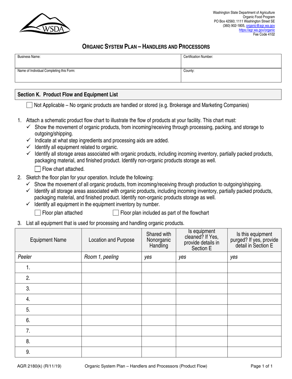 Form AGR2180 Section K Organic System Plan - Handlers and Processors (Product Flow and Equipment List) - Washington, Page 1