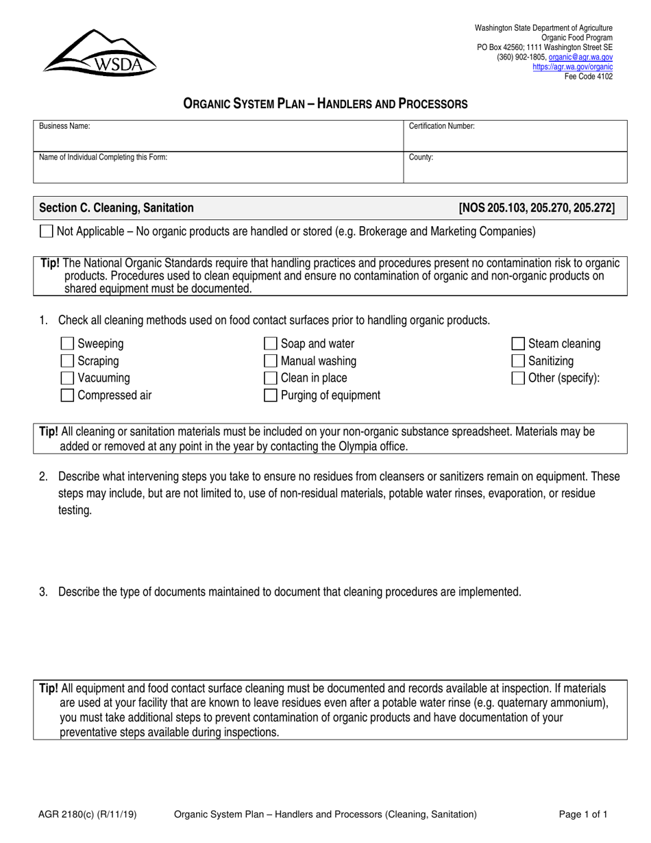 Form AGR2180 Section C Organic System Plan - Handlers and Processors (Cleaning, Sanitation) - Washington, Page 1