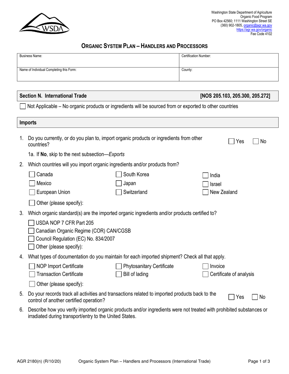 Form AGR2180 Section N Organic System Plan - Handlers and Processors (International Trade) - Washington, Page 1