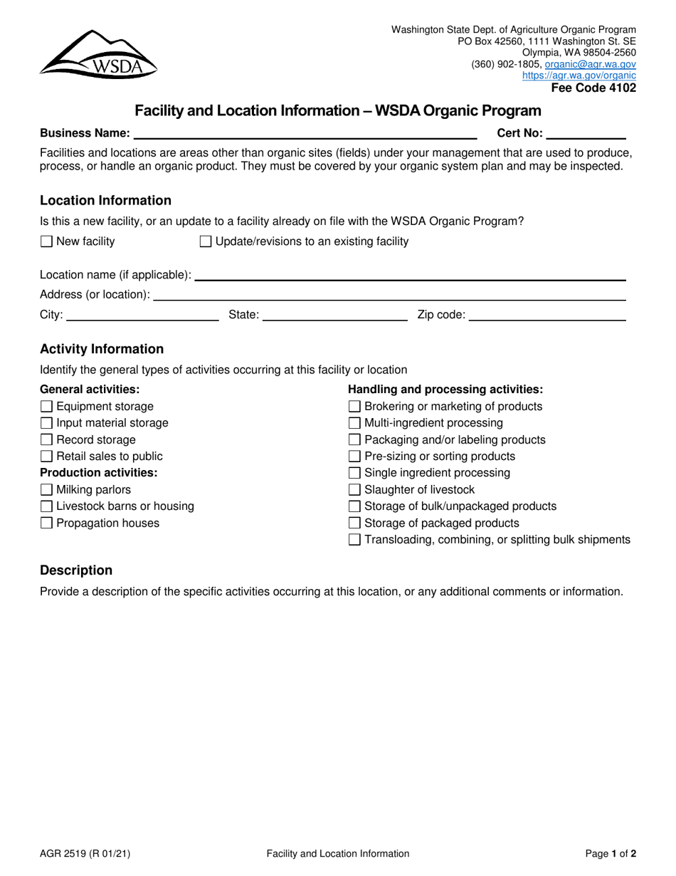 Form AGR2519 Facility and Location Information - Wsda Organic Program - Washington, Page 1