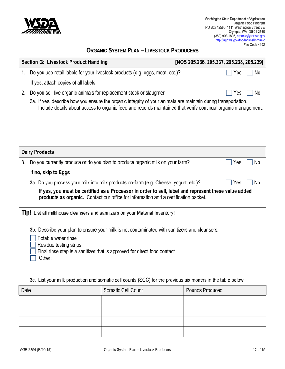 Form AGR2254 Organic System Plan - Livestock Producers - Washington, Page 12