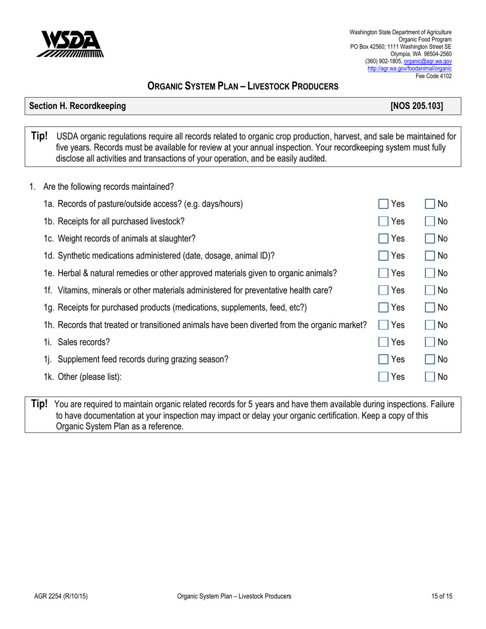 Form AGR2254 Organic System Plan - Livestock Producers - Washington, Page 15