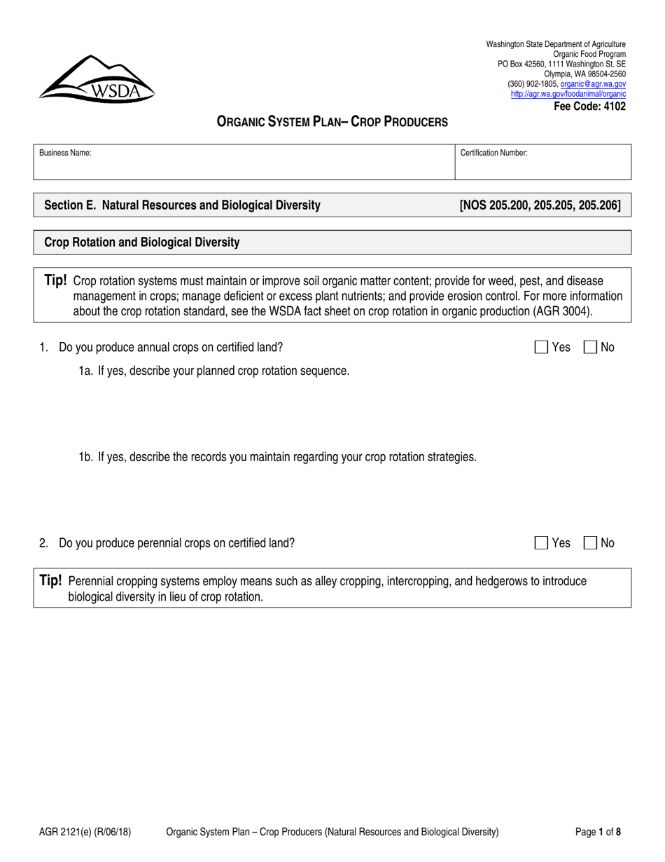 Form AGR2121 Section E Organic System Plan - Crop Producers (Natural Resources and Biological Diversity) - Washington, Page 1