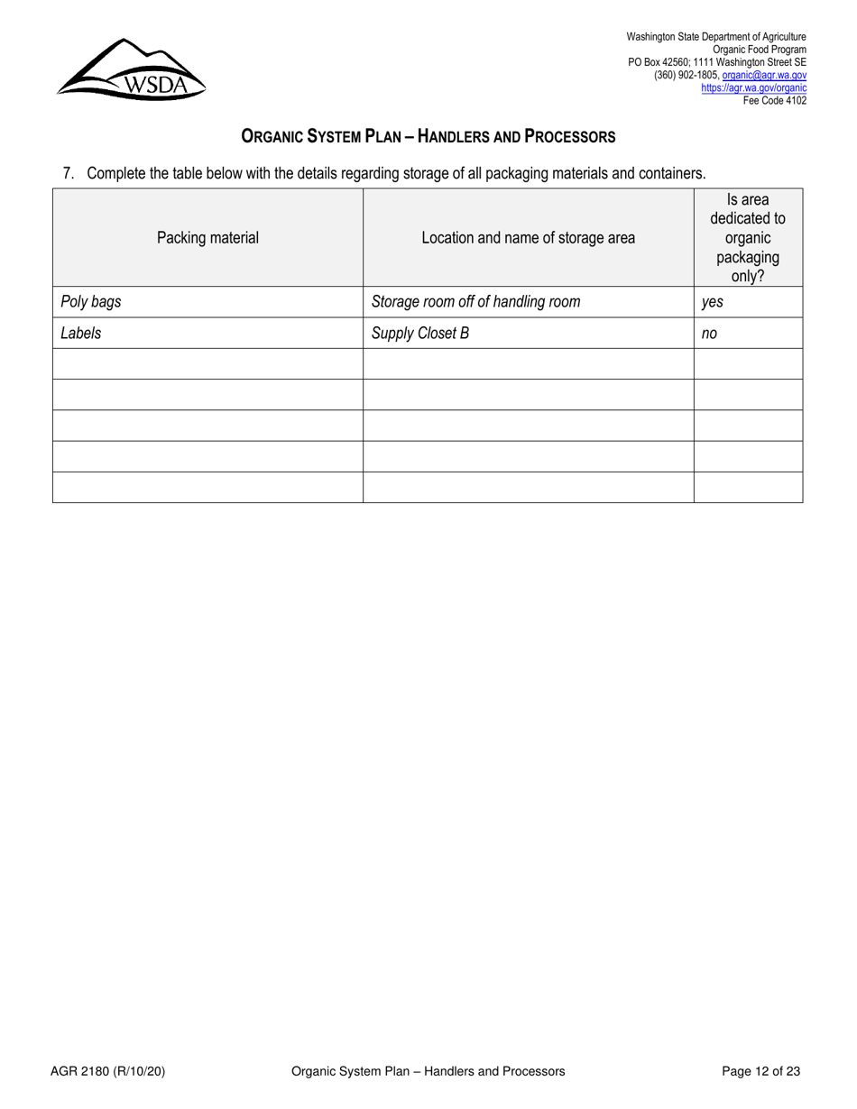 Form AGR2180 Organic System Plan - Handlers and Processors - Washington, Page 12