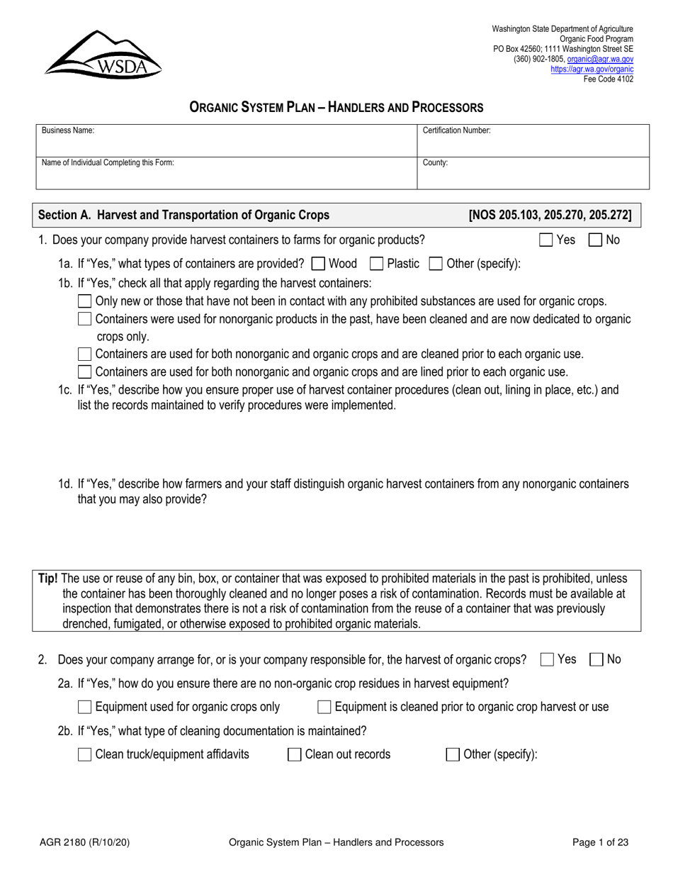 Form AGR2180 Organic System Plan - Handlers and Processors - Washington, Page 1