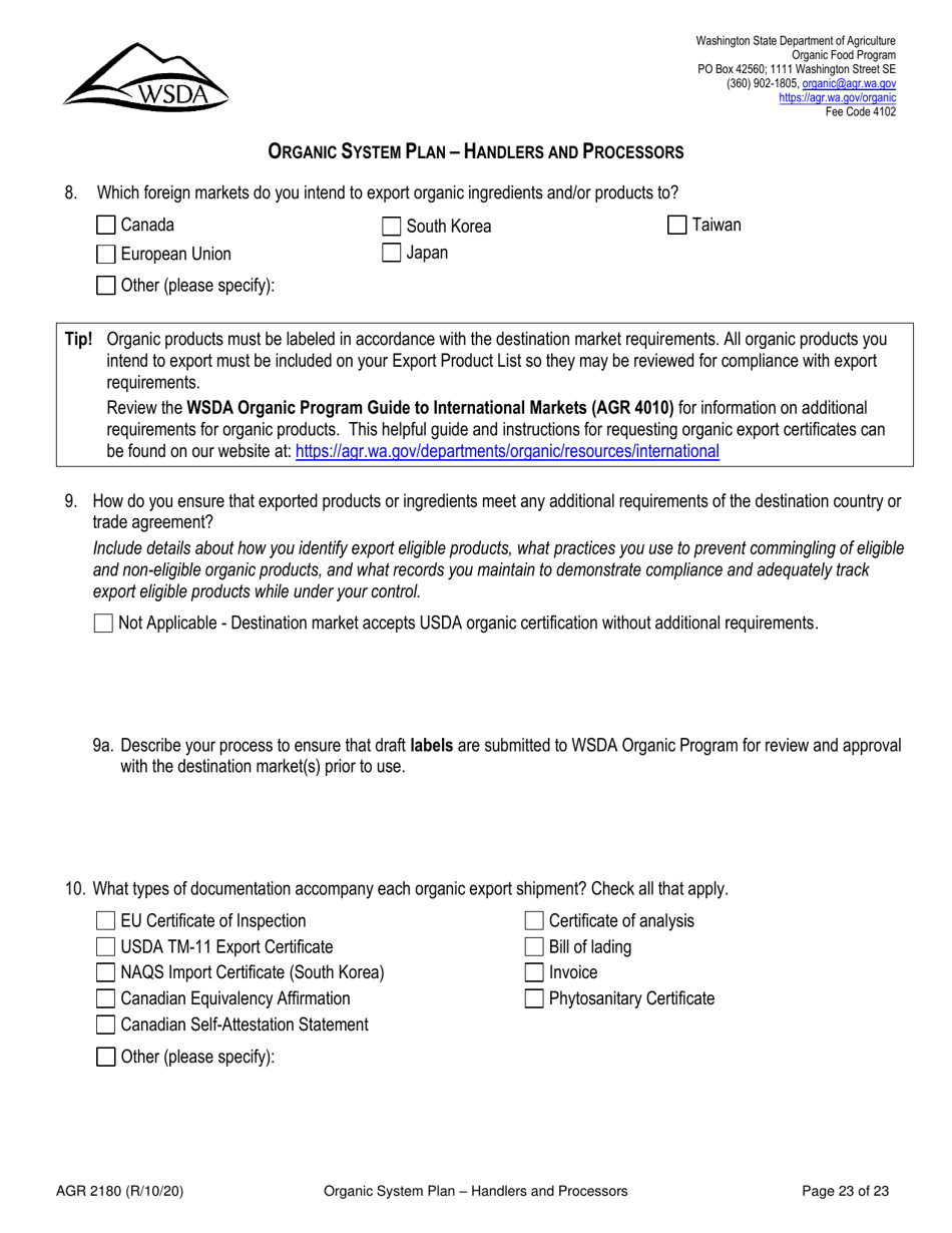 Form AGR2180 Organic System Plan - Handlers and Processors - Washington, Page 23