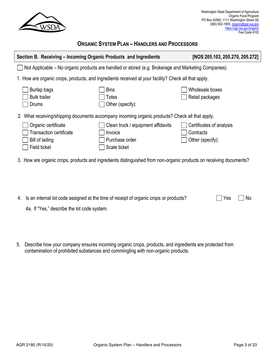 Form AGR2180 Organic System Plan - Handlers and Processors - Washington, Page 3