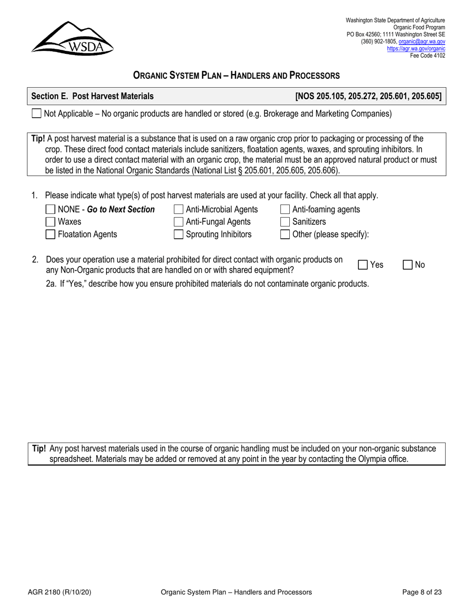 Form AGR2180 Organic System Plan - Handlers and Processors - Washington, Page 8