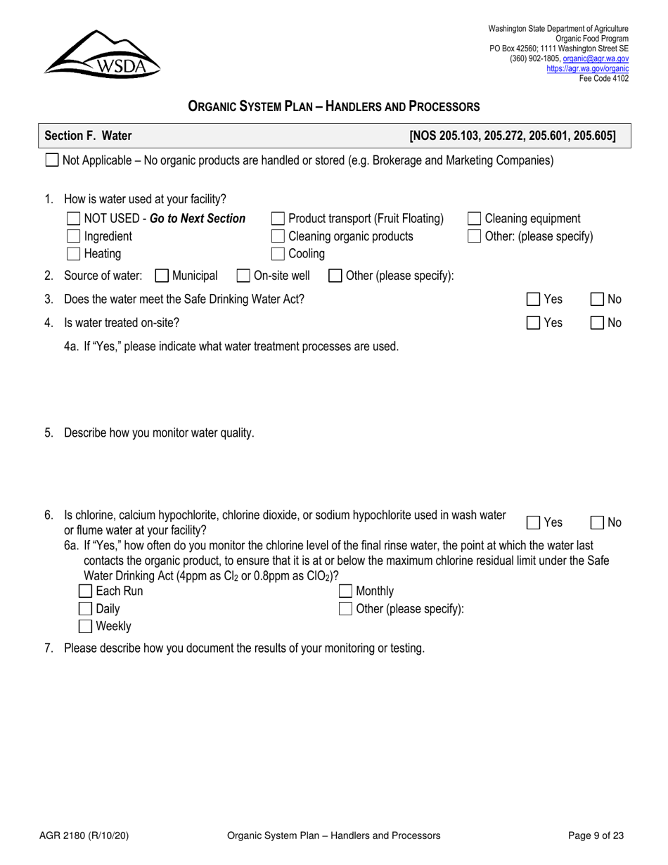 Form AGR2180 Organic System Plan - Handlers and Processors - Washington, Page 9