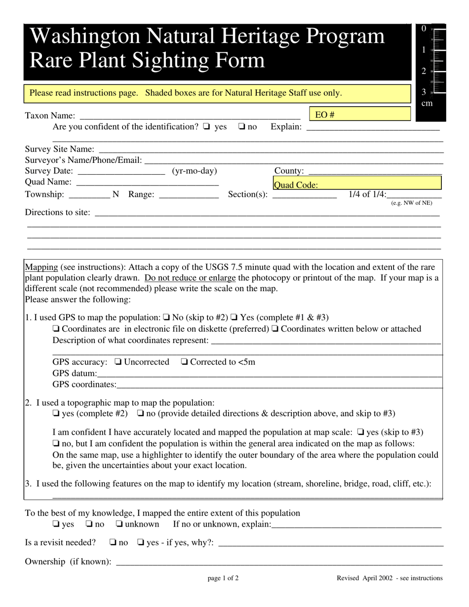 Washington Rare Plant Sighting Form Washington Natural Heritage