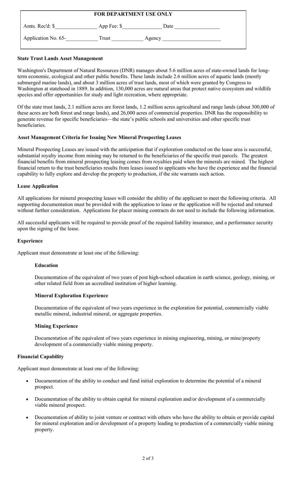 Application for a Mineral Prospecting Lease on State Uplands - Washington, Page 2