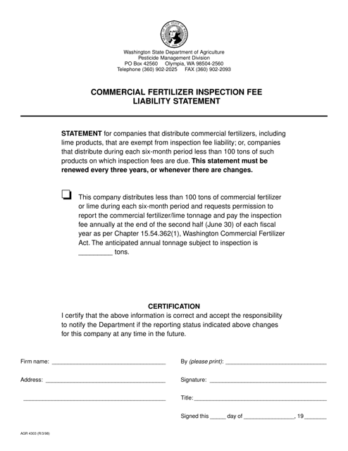 Form AGR4303 Commercial Fertilizer Inspection Fee Liability Statement - Washington