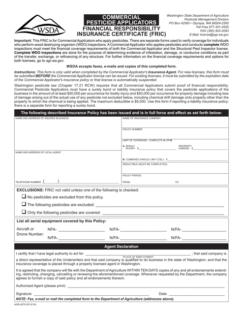 Form AGR-4279 Commercial Pesticide Applicators Financial Responsibility Insurance Certificate (Fric) - Washington