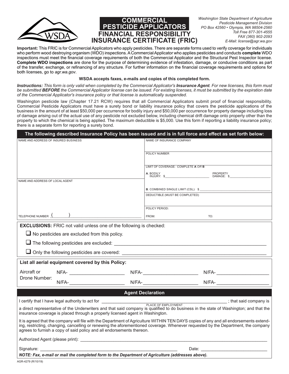 Form AGR-4279 Commercial Pesticide Applicators Financial Responsibility Insurance Certificate (Fric) - Washington, Page 1