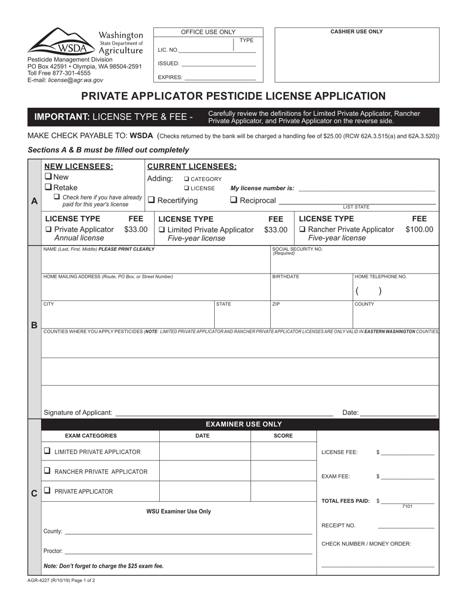Form AGR-4227 Private Applicator Pesticide License Application - Washington, Page 1