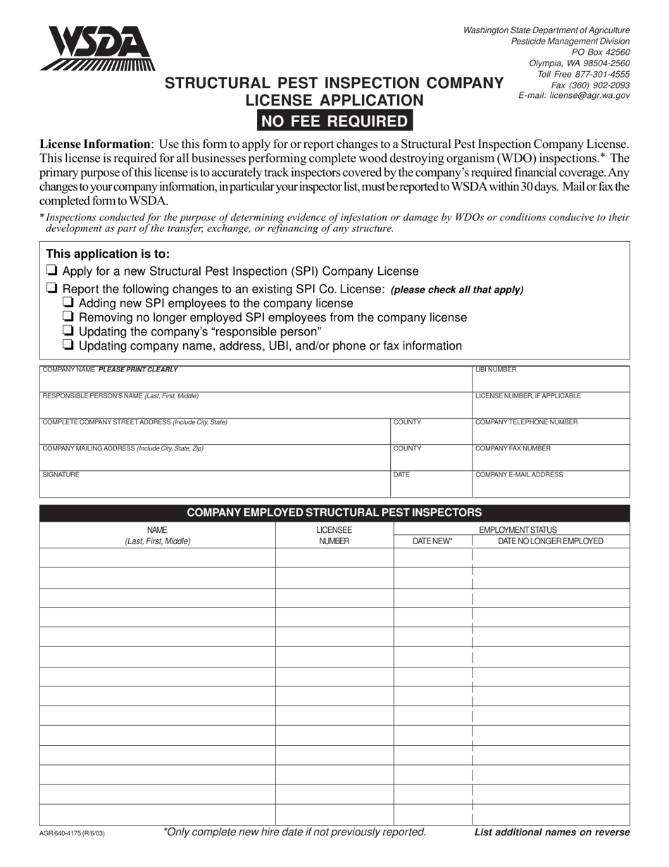 Form AGR640-4175 Structural Pest Inspection Company License Application - Washington, Page 1