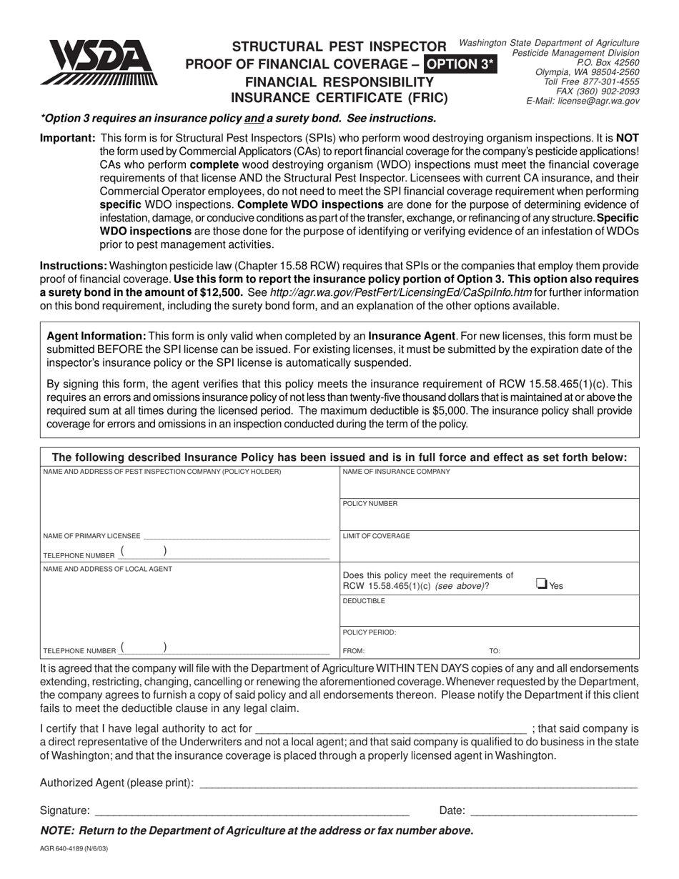 Form AGR640-4189 Structural Pest Inspector Financial Responsibility Insurance Certificate - Option 3 - Washington, Page 1