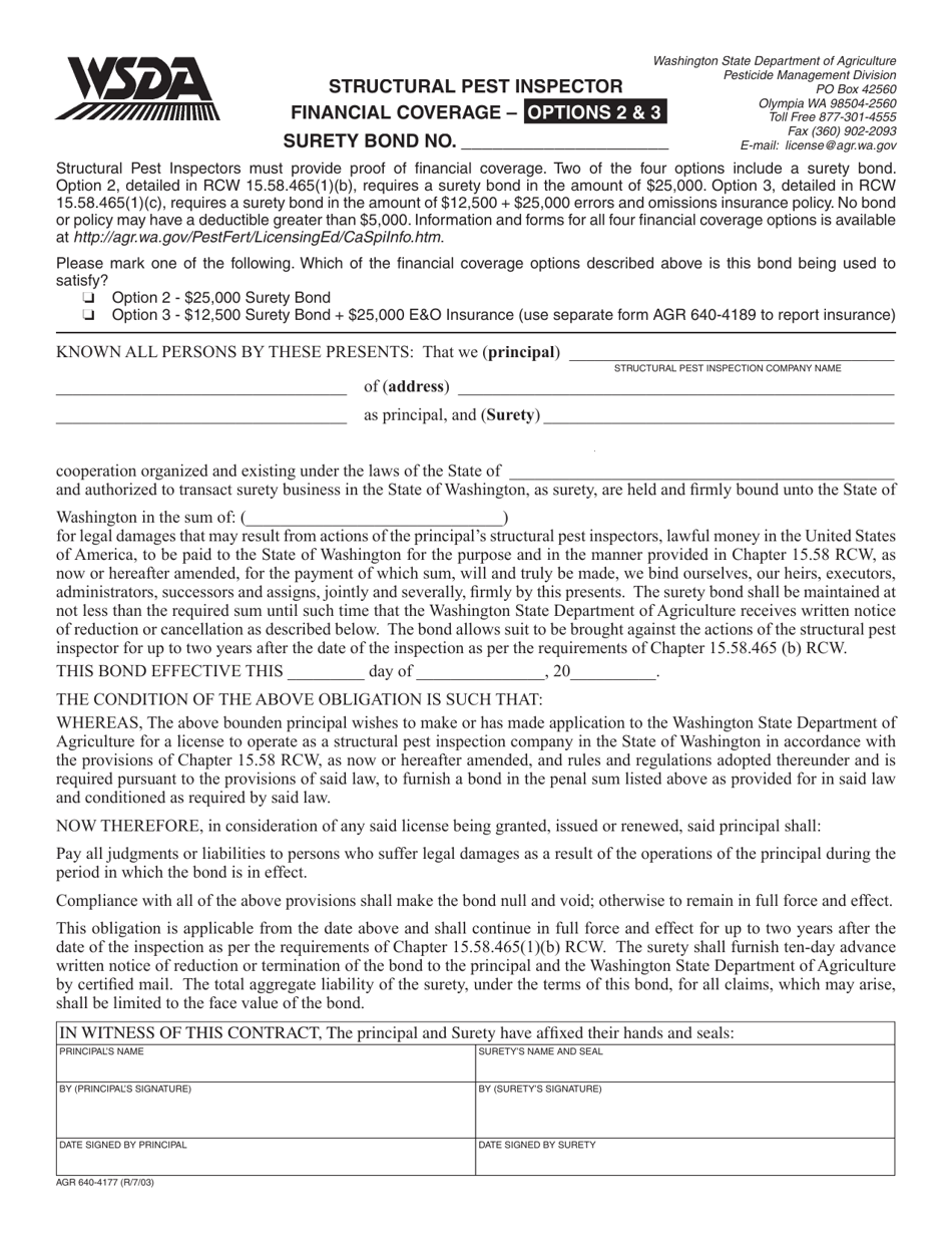 Form AGR640-4177 Structural Pest Inspector Bond Form - Options 2  3 - Washington, Page 1