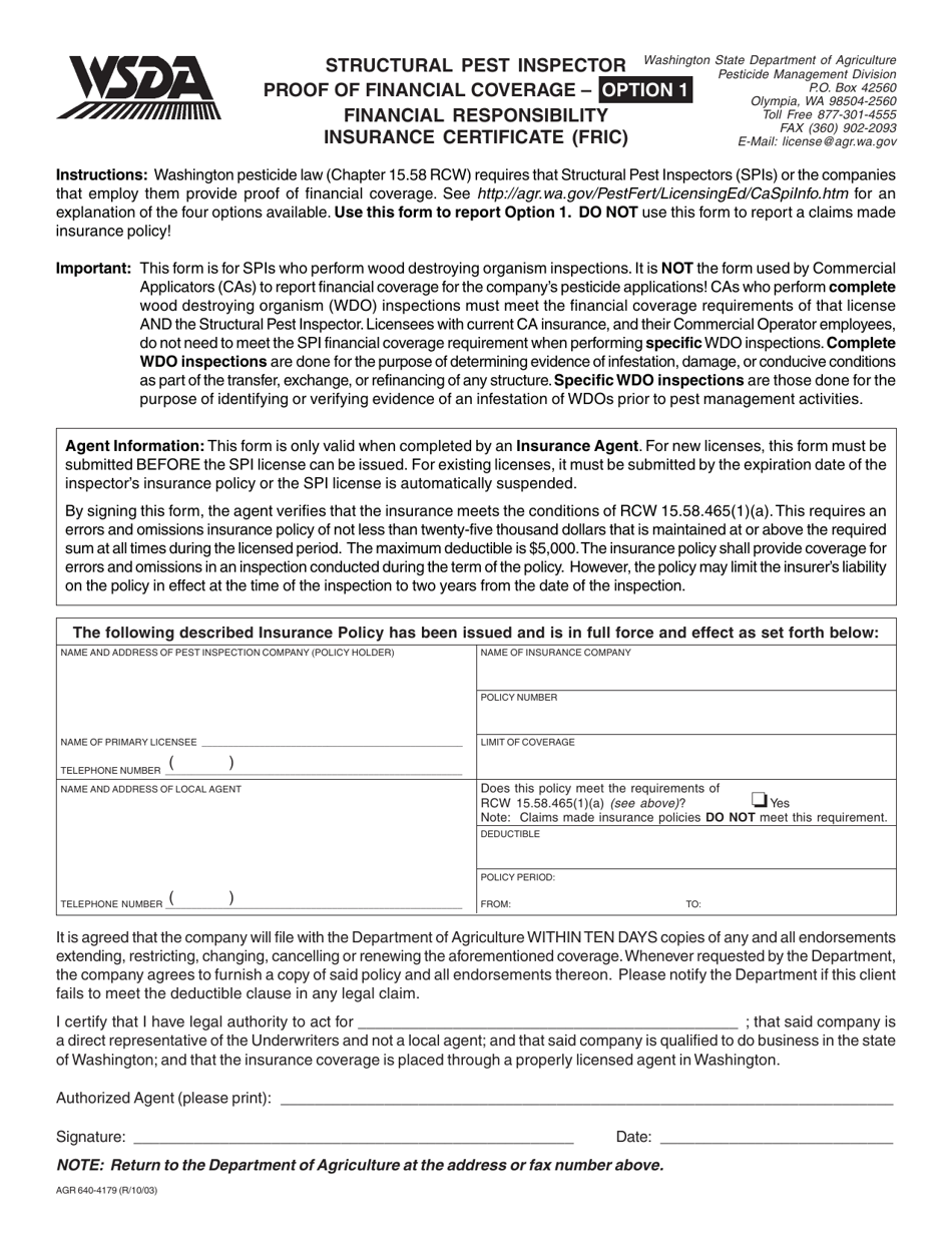 Form AGR640-4179 Structural Pest Inspector Financial Responsibility Insurance Certificate - Option 1 - Washington, Page 1