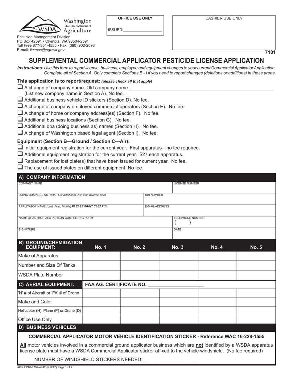 AGR Form 702-4242 Supplemental Commercial Applicator Pesticide License Application - Washington, Page 1