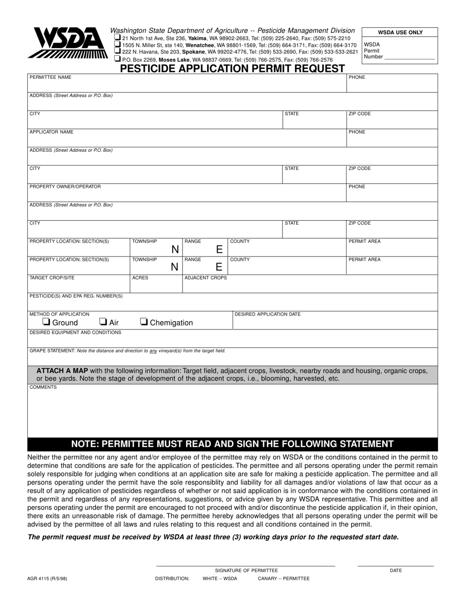 Form AGR4115 Pesticide Application Permit Request - Washington, Page 1