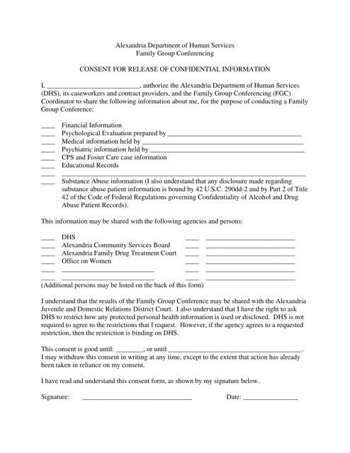 Family Group Conferencing - Consent for Release of Confidential Information - City of Alexandria, Virginia Download Pdf