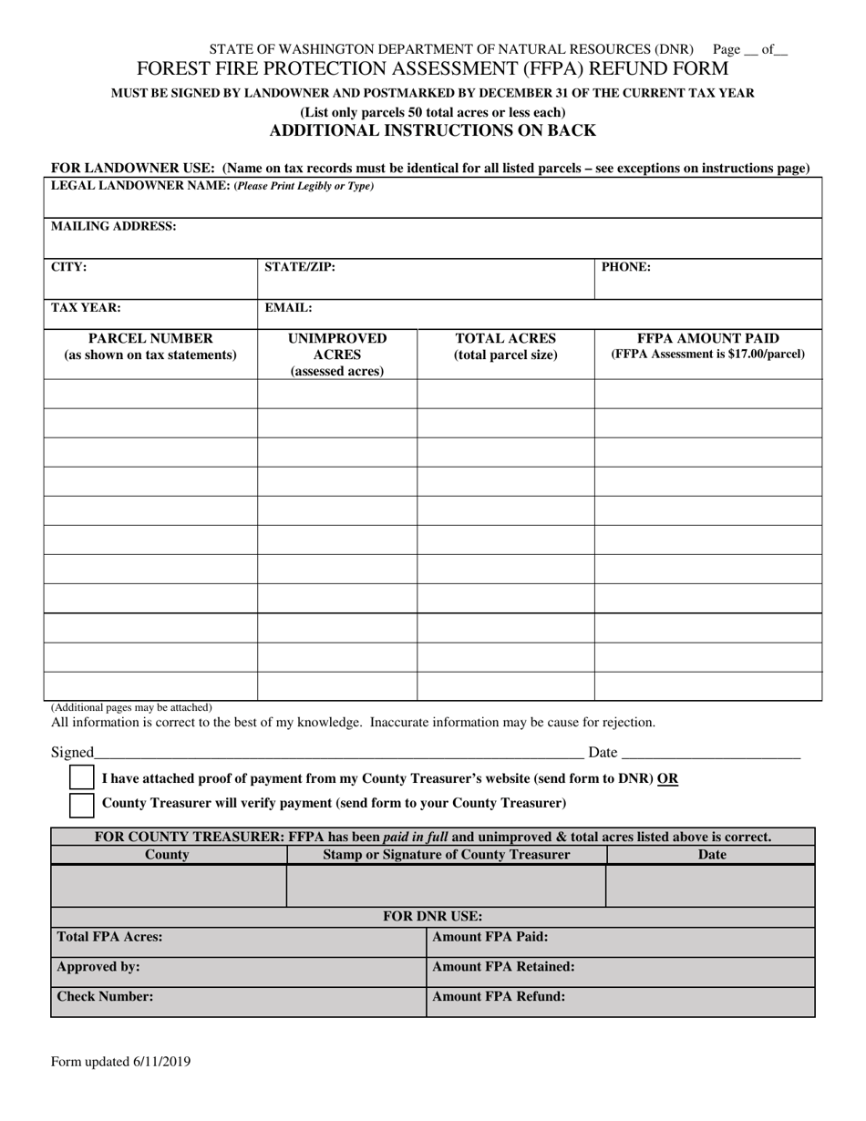 Forest Fire Protection Assessment (Ffpa) Refund Form - Washington, Page 1